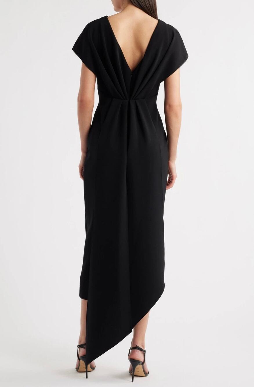 Stunning Amsale Italian Stretch Crepe V-Neck Midi Dress, Black size 4 (New)